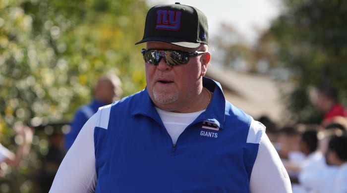 Dec 4, 2022; East Rutherford, New Jersey, USA; New York Giants defensive coordinator Don Martindale looks on prior to the game against the Washington Commanders at MetLife Stadium. Mandatory Credit: Rich Barnes-USA TODAY Sports